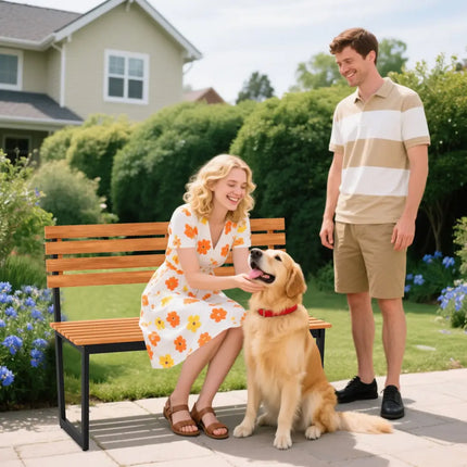 Outdoor Bench Acacia Wood Patio Loveseat with Backrest and Heavy Duty Metal Frame - Outdoor Benches