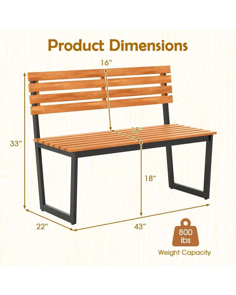 Outdoor Bench Acacia Wood Patio Loveseat with Backrest and Heavy Duty Metal Frame - Outdoor Benches