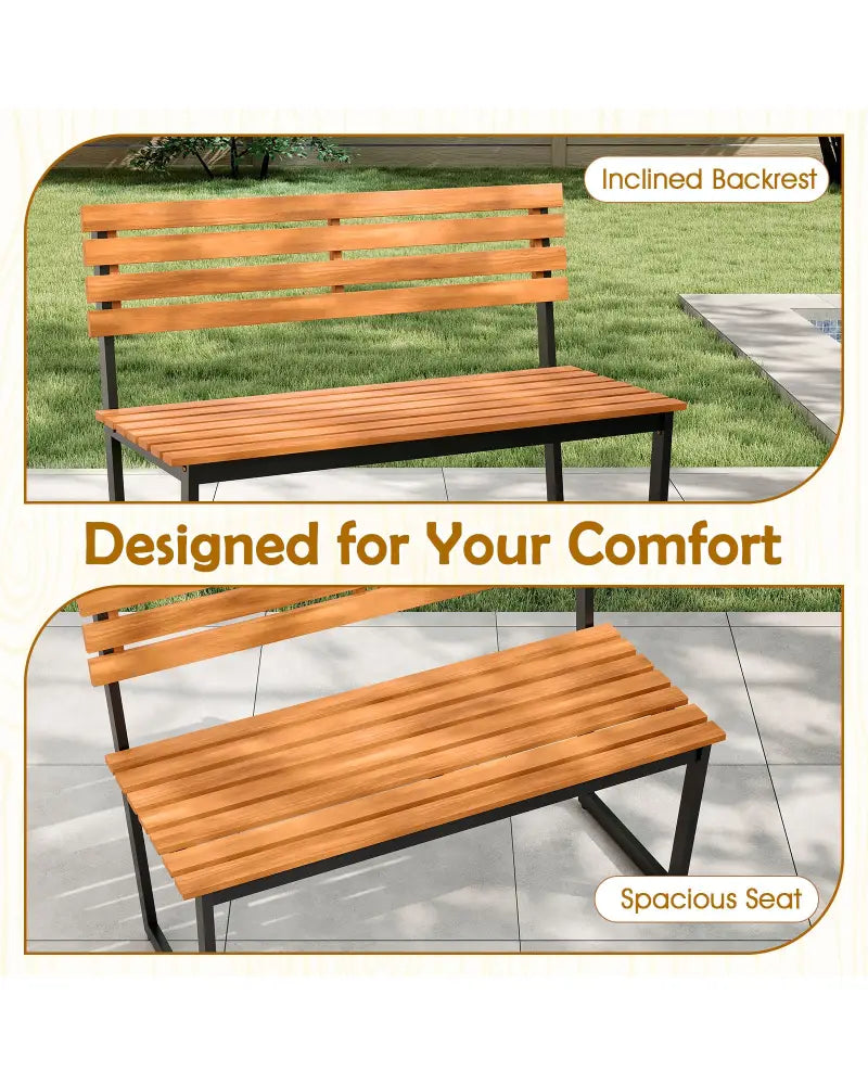 Outdoor Bench Acacia Wood Patio Loveseat with Backrest and Heavy Duty Metal Frame - Outdoor Benches