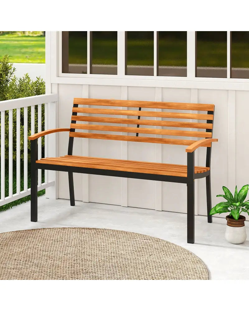Outdoor Bench Acacia Wood Patio Loveseat with Backrest Armrests - Outdoor Benches