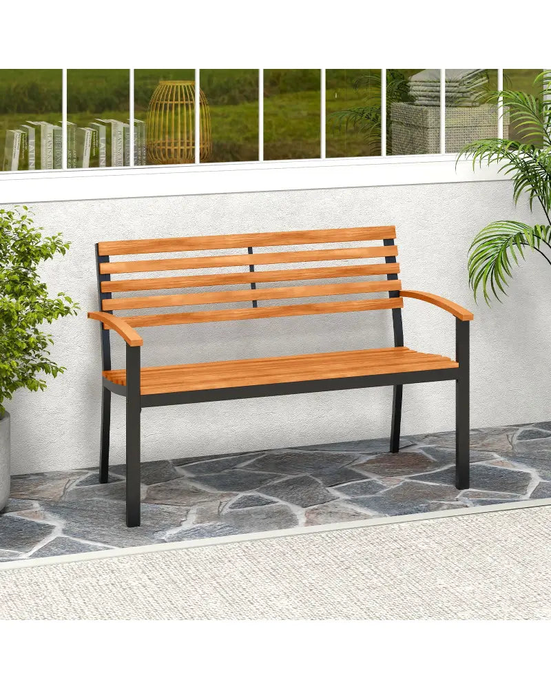 Outdoor Bench Acacia Wood Patio Loveseat with Backrest Armrests - Outdoor Benches