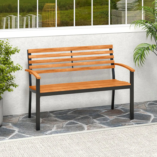Outdoor Bench Acacia Wood Patio Loveseat with Backrest Armrests - Outdoor Benches