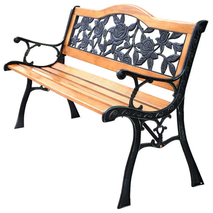 Outdoor Bench Cast Iron Patio Bench with Rose Pattern Backrest - Natural - Outdoor Benches
