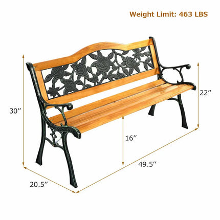 Outdoor Bench Cast Iron Patio Bench with Rose Pattern Backrest - Natural - Outdoor Benches