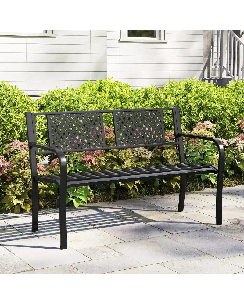 Outdoor Bench Metal Loveseat Patio Bench for 2-3-Person-Black - Black - Outdoor Benches