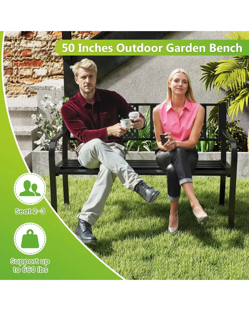Outdoor Bench Metal Loveseat Patio Bench for 2-3-Person-Black - Black - Outdoor Benches