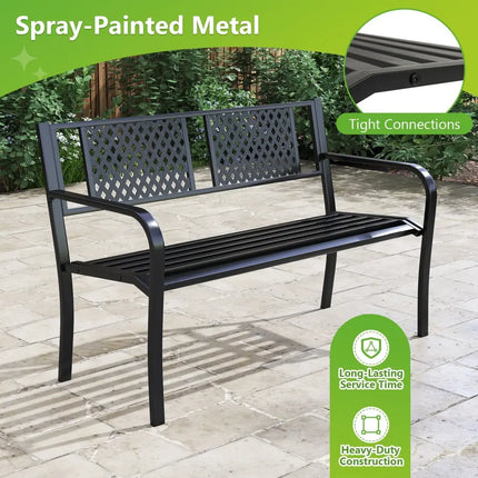 Outdoor Bench Metal Loveseat Patio Bench for 2-3-Person-Black - Black - Outdoor Benches