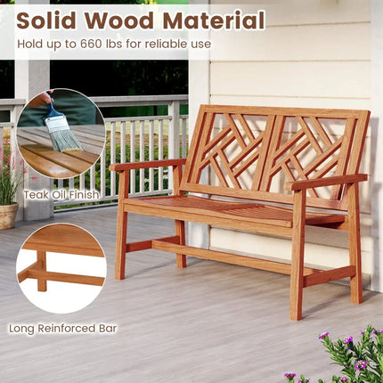 Outdoor Bench Wood 2-Person Patio Loveseat Chair with Geometric Backrest - Natural - Outdoor Benches