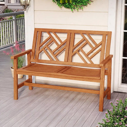 Outdoor Bench Wood 2-Person Patio Loveseat Chair with Geometric Backrest - Natural - Outdoor Benches