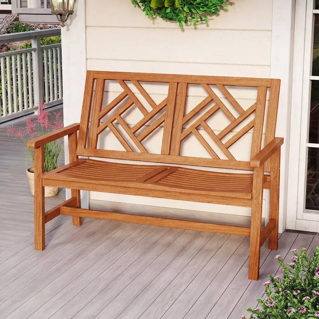 Outdoor Bench Wood 2-Person Patio Loveseat Chair with Geometric Backrest - Natural - Outdoor Benches