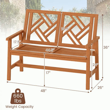 Outdoor Bench Wood 2-Person Patio Loveseat Chair with Geometric Backrest - Natural - Outdoor Benches