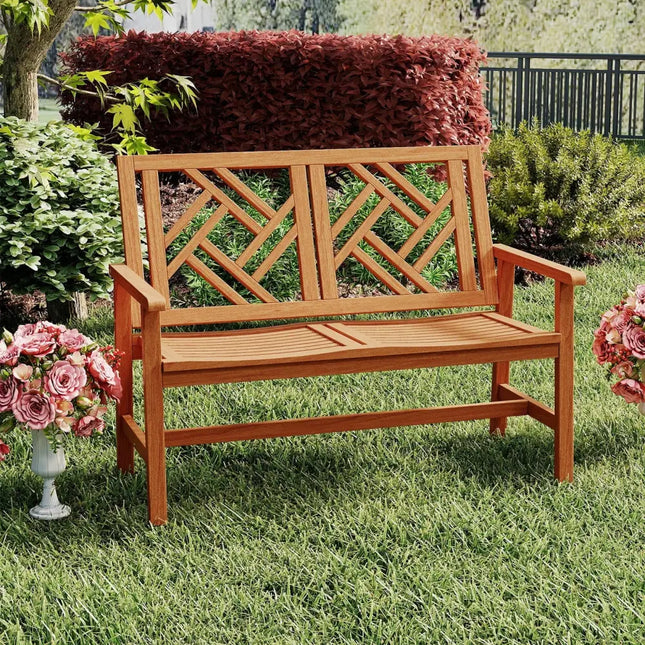Outdoor Bench Wood 2-Person Patio Loveseat Chair with Geometric Backrest - Natural - Outdoor Benches