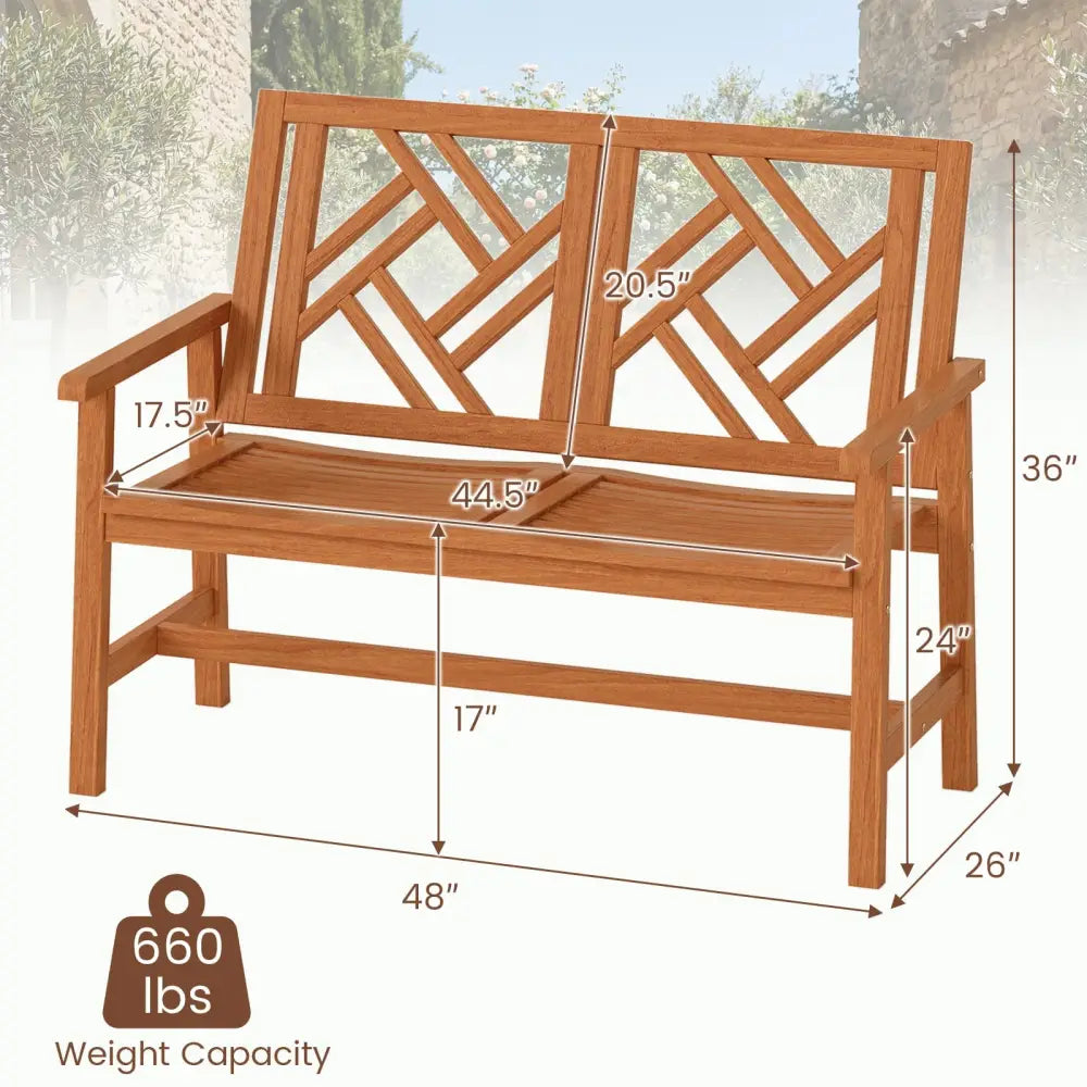Outdoor Bench Wood 2-Person Patio Loveseat Chair with Geometric Backrest - Natural - Outdoor Benches