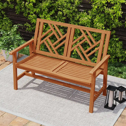 Outdoor Bench Wood 2-Person Patio Loveseat Chair with Geometric Backrest - Natural - Outdoor Benches