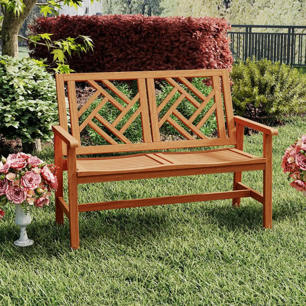 Outdoor Bench Wood 2-Person Patio Loveseat Chair with Geometric Backrest - Natural - Outdoor Benches