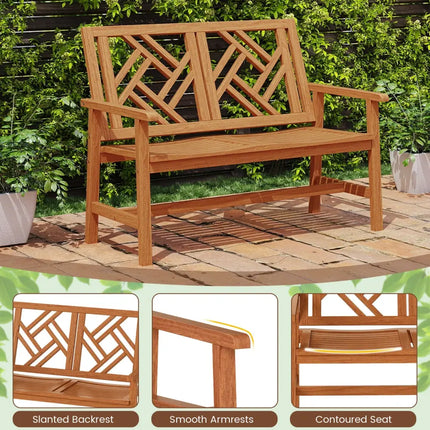Outdoor Bench Wood 2-Person Patio Loveseat Chair with Geometric Backrest - Natural - Outdoor Benches