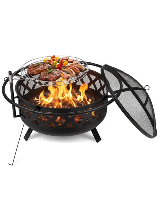 Outdoor Black Fire Pit with Adjustable and Rotatable Grill Grate Breathable Mesh & Outer Ring for BBQ-36 Inches - Fire