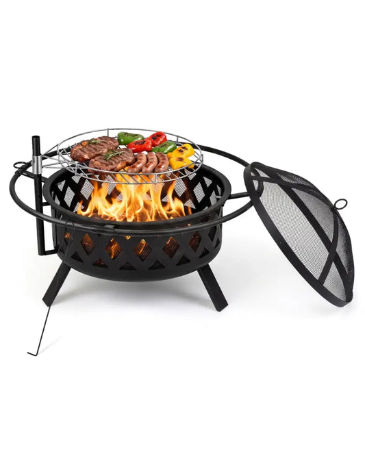 Outdoor Black Fire Pit with Adjustable and Rotatable Grill Grate Breathable Mesh & Outer Ring for BBQ-30 Inches - Fire