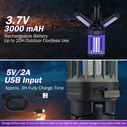Outdoor Bug Zapper with Foldable Camping Lantern USB-C Rechargeable Electric Mosquito Killer - Camping