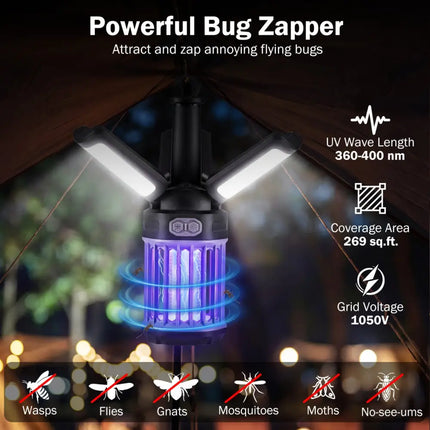 Outdoor Bug Zapper with Foldable Camping Lantern USB-C Rechargeable Electric Mosquito Killer - Camping