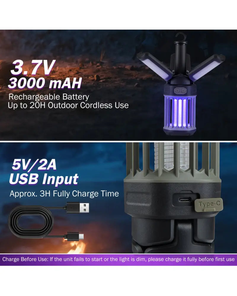 Outdoor Bug Zapper with Foldable Camping Lantern USB-C Rechargeable Electric Mosquito Killer - Camping