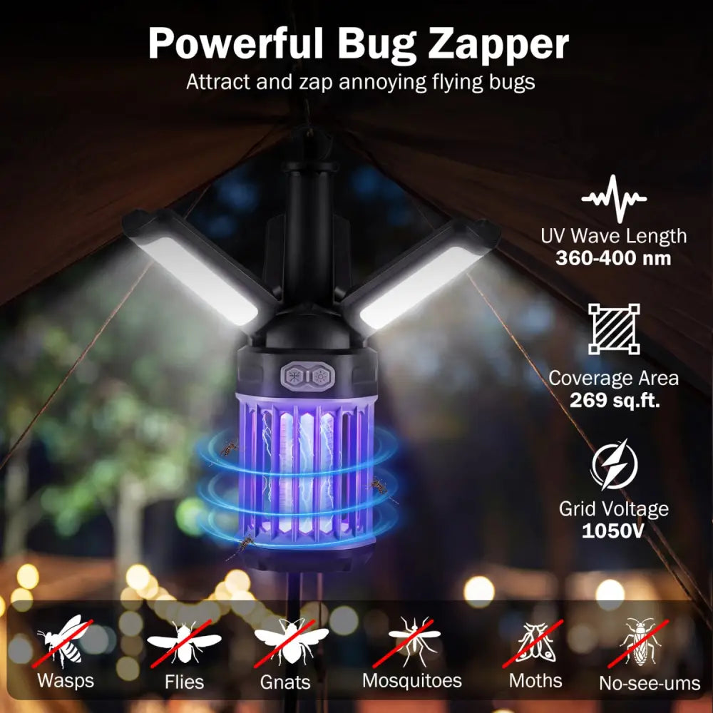 Outdoor Bug Zapper with Foldable Camping Lantern USB-C Rechargeable Electric Mosquito Killer - Camping