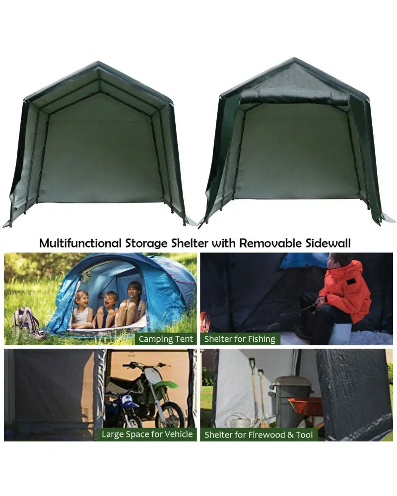 Outdoor Carport Shed with Sidewalls and Waterproof Ripstop Cover-8 x 14 ft - Green - Carports