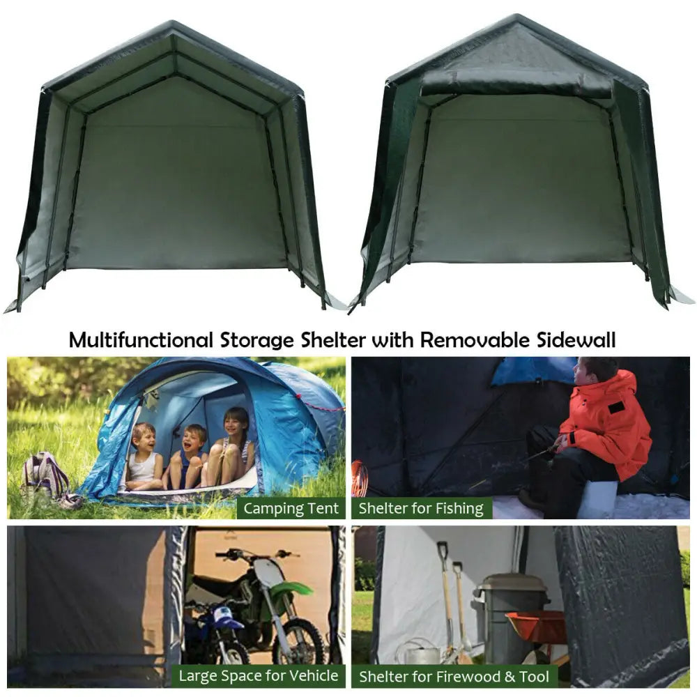 Outdoor Carport Shed with Sidewalls and Waterproof Ripstop Cover-8 x 14 ft - Green - Carports