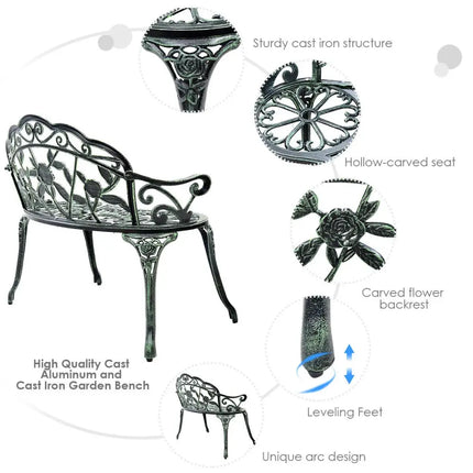 Outdoor Cast Aluminum Patio Bench Antique Rose - Green - Outdoor Benches
