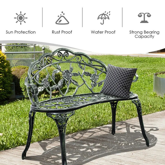 Outdoor Cast Aluminum Patio Bench Antique Rose - Green - Outdoor Benches