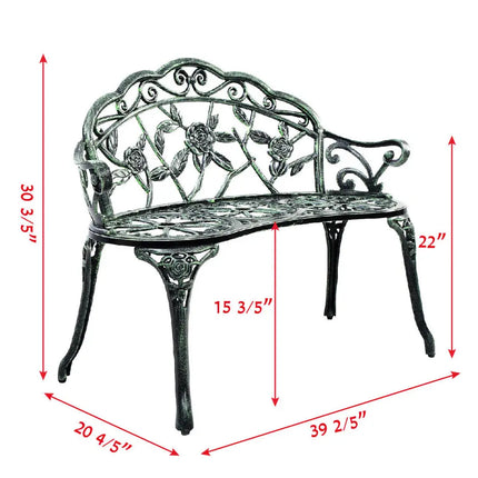 Outdoor Cast Aluminum Patio Bench Antique Rose - Green - Outdoor Benches