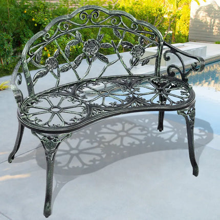 Outdoor Cast Aluminum Patio Bench Antique Rose - Green - Outdoor Benches