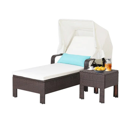 Outdoor Chaise Lounge Chair and Table Set with Folding Canopy and Armrests - Brown - Outdoor Chaise Lounges