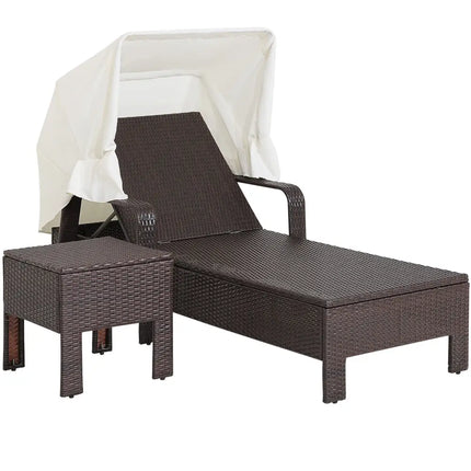 Outdoor Chaise Lounge Chair and Table Set with Folding Canopy and Armrests - Brown - Outdoor Chaise Lounges