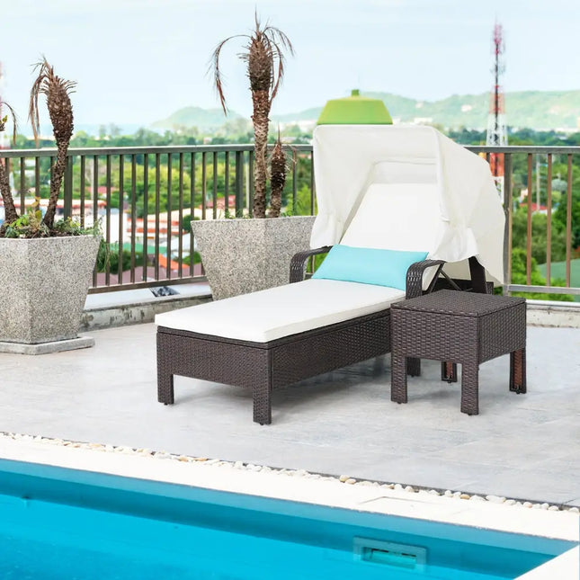 Outdoor Chaise Lounge Chair and Table Set with Folding Canopy and Armrests - Brown - Outdoor Chaise Lounges