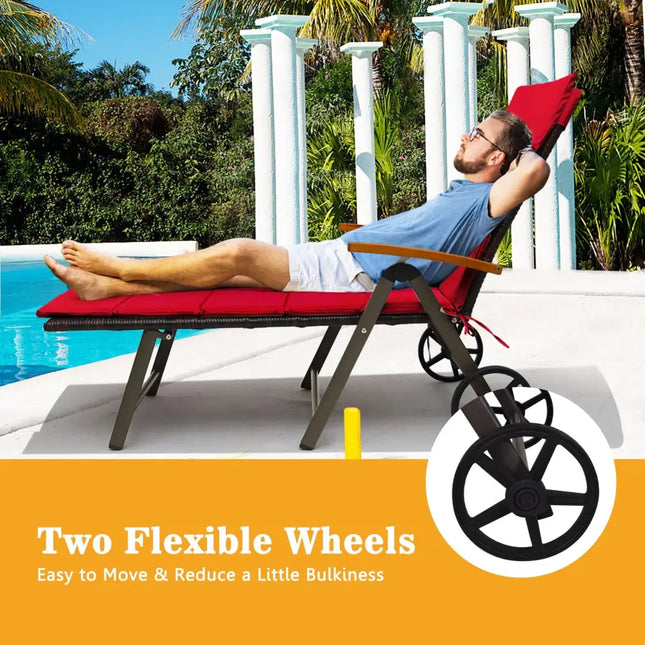 Outdoor Chaise Lounge Chair Rattan Lounger Recliner Chair-Red - Red - Outdoor Chaise Lounges