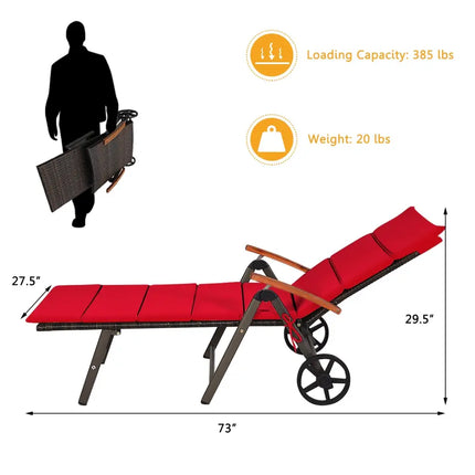 Outdoor Chaise Lounge Chair Rattan Lounger Recliner Chair-Red - Red - Outdoor Chaise Lounges