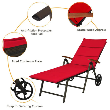 Outdoor Chaise Lounge Chair Rattan Lounger Recliner Chair-Red - Red - Outdoor Chaise Lounges