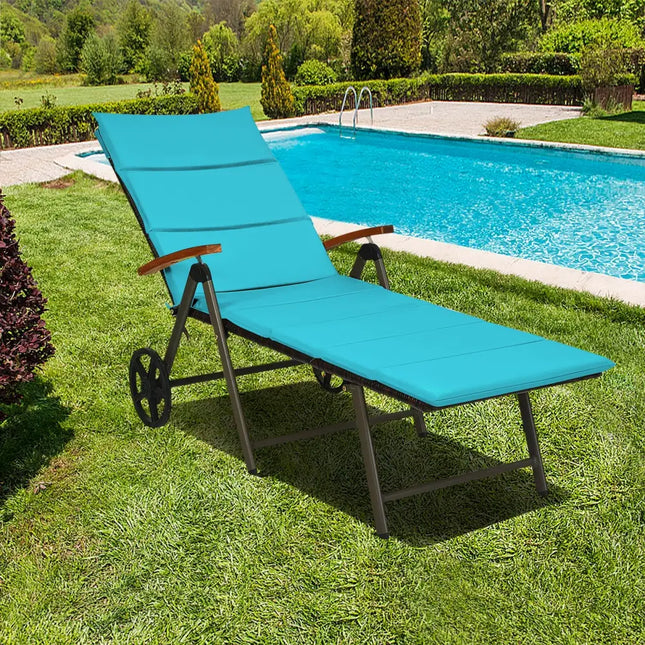 Outdoor Chaise Lounge Chair Rattan Lounger Recliner Chair-Turquoise - Turquoise - Outdoor Chaise Lounges