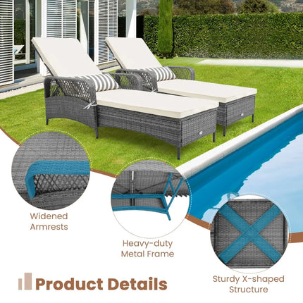 Outdoor Chaise Lounge Chair Recliner with 6-Level Backrest Cushion and Pillow - Off White - Outdoor Chaise Lounges