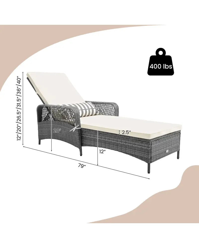 Outdoor Chaise Lounge Chair Recliner with 6-Level Backrest Cushion and Pillow - Off White - Outdoor Chaise Lounges