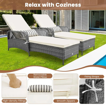 Outdoor Chaise Lounge Chair Recliner with 6-Level Backrest Cushion and Pillow - Off White - Outdoor Chaise Lounges