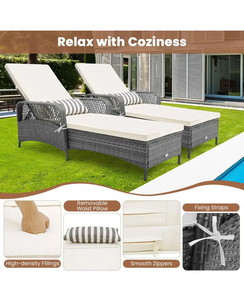 Outdoor Chaise Lounge Chair Recliner with 6-Level Backrest Cushion and Pillow - Off White - Outdoor Chaise Lounges