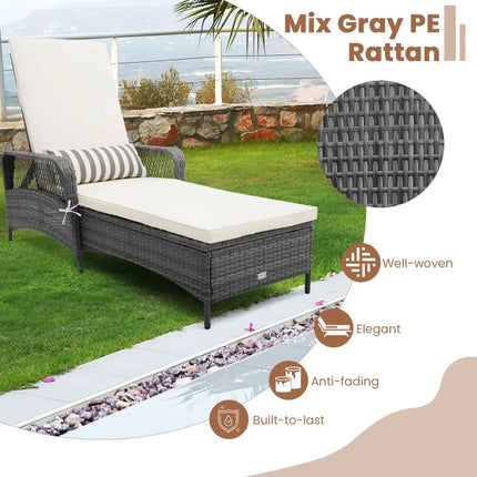 Outdoor Chaise Lounge Chair Recliner with 6-Level Backrest Cushion and Pillow - Off White - Outdoor Chaise Lounges