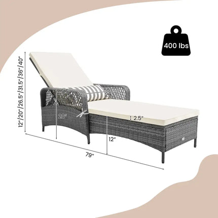 Outdoor Chaise Lounge Chair Recliner with 6-Level Backrest Cushion and Pillow - Off White - Outdoor Chaise Lounges