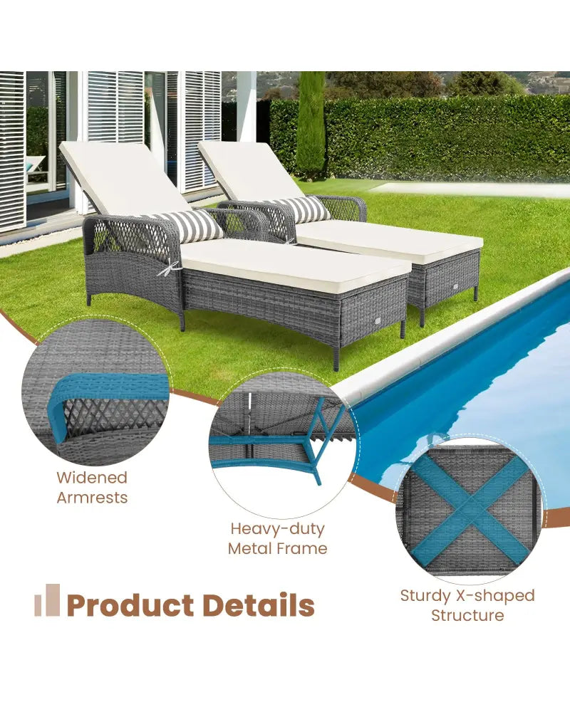 Outdoor Chaise Lounge Chair Recliner with 6-Level Backrest Cushion and Pillow - Off White - Outdoor Chaise Lounges