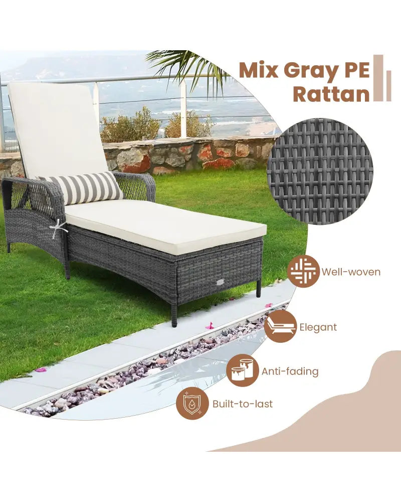 Outdoor Chaise Lounge Chair Recliner with 6-Level Backrest Cushion and Pillow - Off White - Outdoor Chaise Lounges