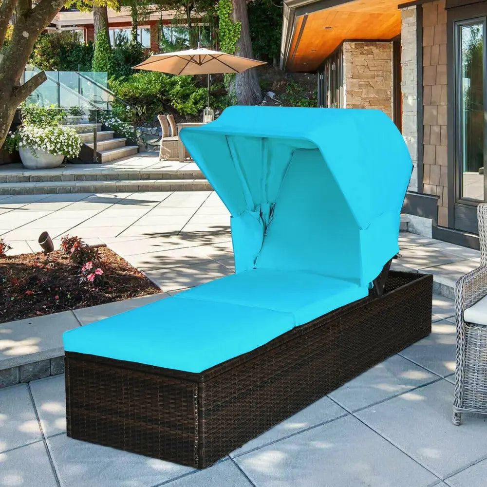 Outdoor Chaise Lounge Chair with Folding Canopy-Turquoise - Turquoise - Outdoor Chaise Lounges
