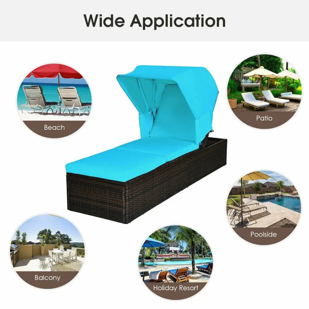 Outdoor Chaise Lounge Chair with Folding Canopy-Turquoise - Turquoise - Outdoor Chaise Lounges