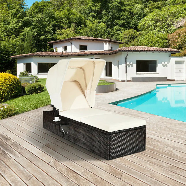 Outdoor Chaise Lounge Chair with Folding Canopy-White - White - Outdoor Chaise Lounges